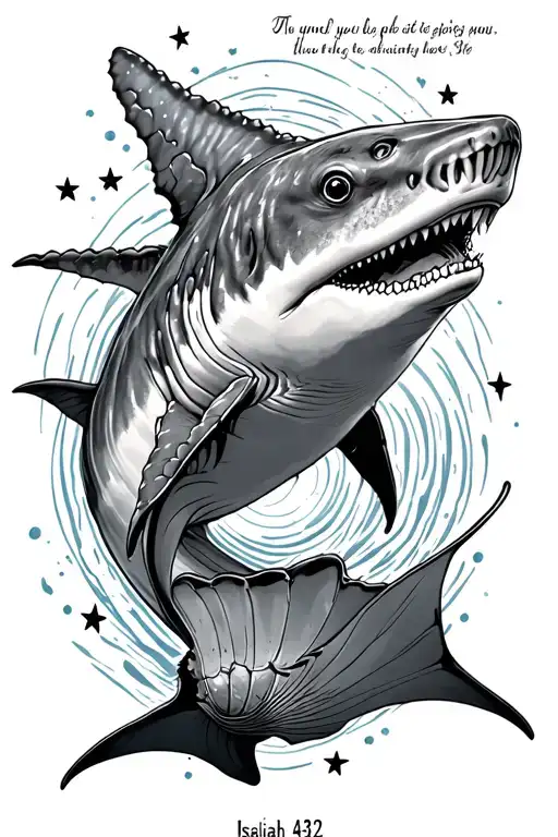 Whale Shark and manta ray with stars with bible verse Isaiah 43:2 tattoo design idea