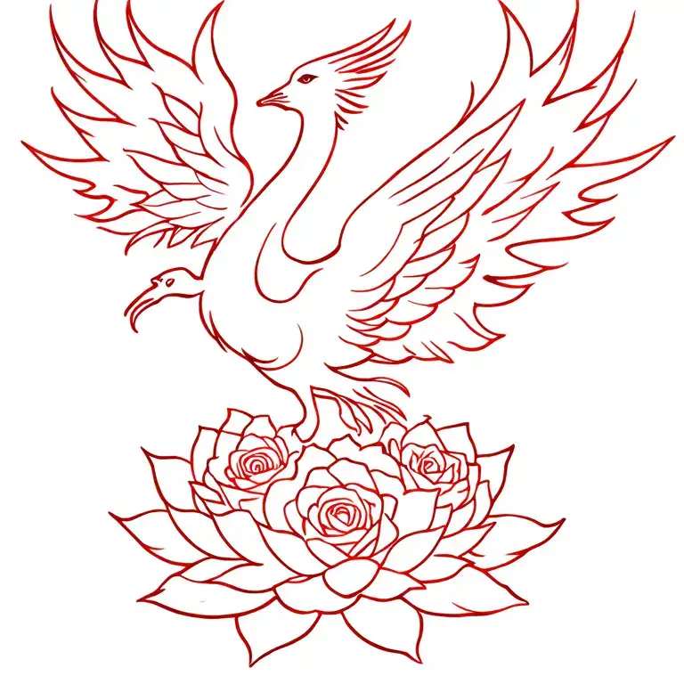 Phoenix rising from a lotus with flames behind it and roses all around tattoo design idea