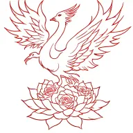 Phoenix rising from a lotus with flames behind it and roses all around tattoo design idea