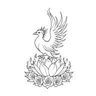 Phoenix rising from a lotus with flames behind it and roses all around tattoo design idea