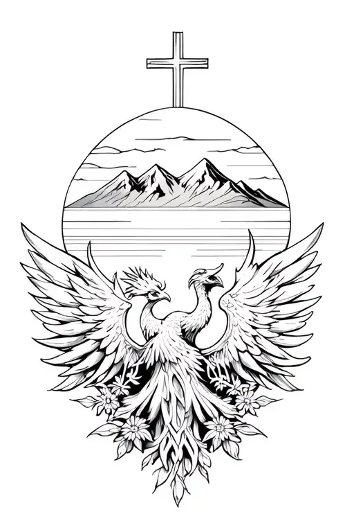 floral negative space band with angry pheonix above and mountain sunset cross at the top tattoo design idea