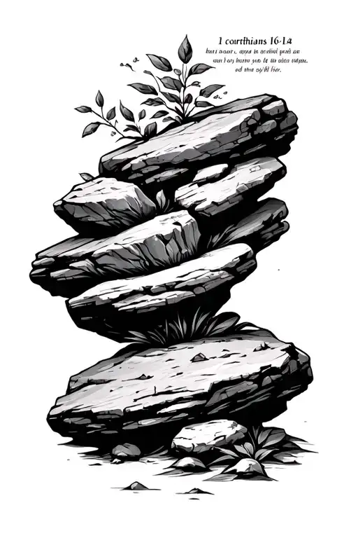 Tattoo with rocks surrounding the bible verse 1 corinthians 16 14 tattoo design idea