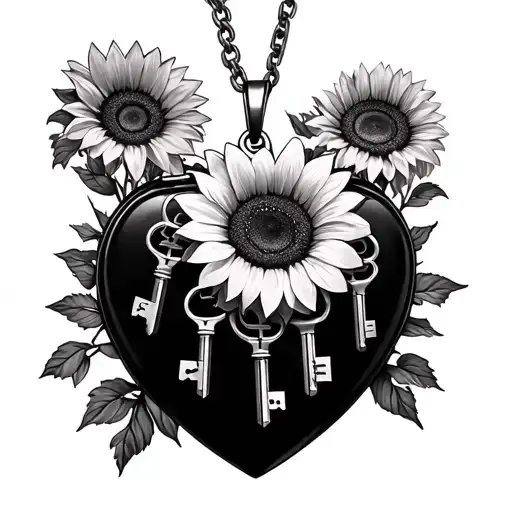 Need a heart locket and with three keys with the names of my 3 kids, Shaffira, Archie and Wyatt. With sunflowers and na tattoo design idea