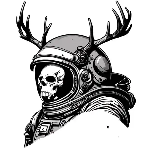 astronaut helment with skull inside and deer antlers coming out of the helment tattoo design idea