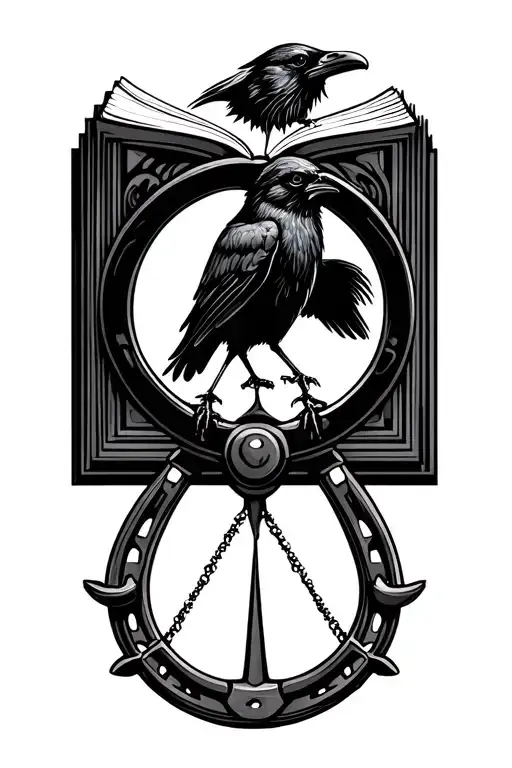 Raven coming out of a book by steering wheel, dog imprints, sign of the scale, horseshoe tattoo design idea