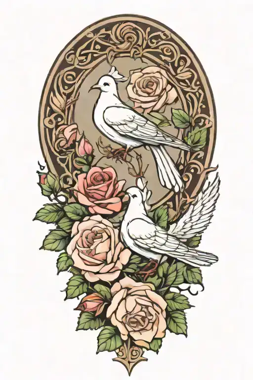 wreath of roses and a seated dove tattoo design idea
