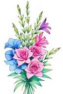 gladiolus, Sakura, rose, sweet pea flower bouquet tied fine line tattoo colored. I really like blues, pinks, and purples tattoo design idea
