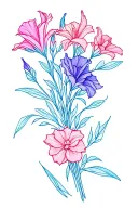 gladiolus, Sakura, rose, sweet pea flower bouquet tied fine line tattoo colored. I really like blues, pinks, and purples tattoo design idea