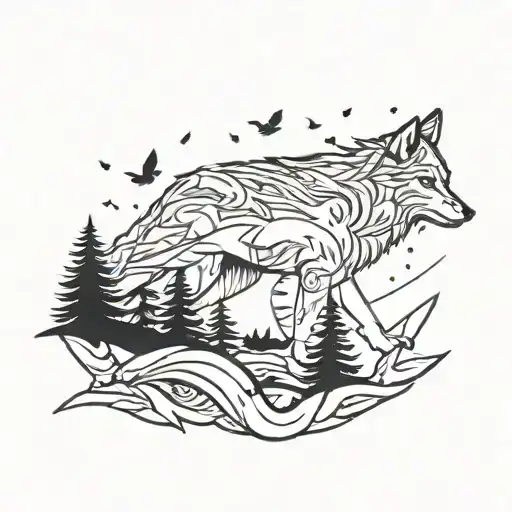 wolf and crows perched tattoo design idea