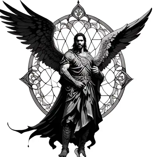 Warrior male Angel with gothic stained glass background  tattoo design idea