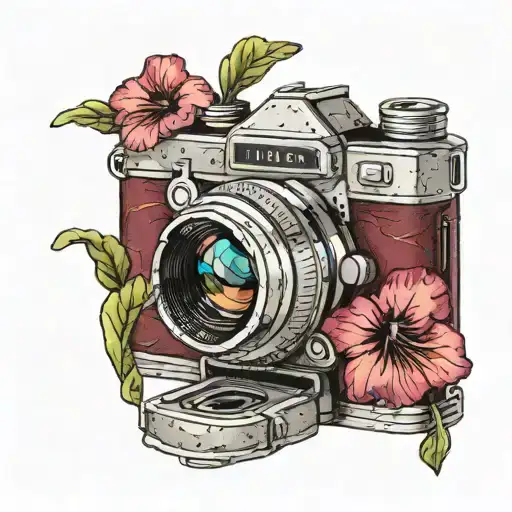 Nikon film camera with a burgundy petunia peaking out of the right corner  tattoo design idea