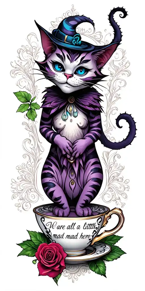 "We are all a little mad here"  evil cheshire cat with blue eyes with tail intertwined with tea cup and rose tattoo design idea