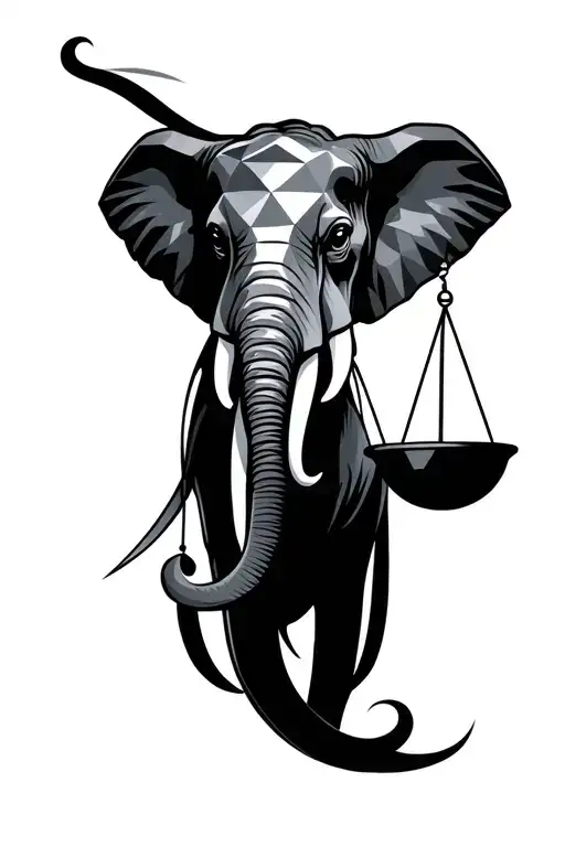 an asian elephant head holding a balance scale with its trunk tattoo design idea