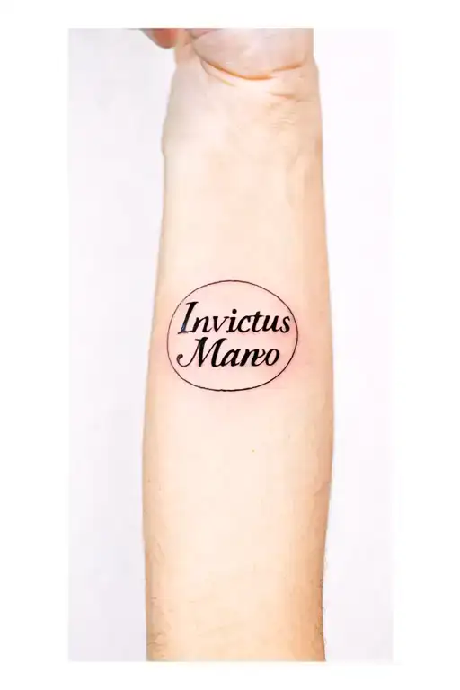 Creat a typography tattoo that says Invictus Maneo for the forearm just below the cubital fossa. Make it aesthetic and m tattoo design idea