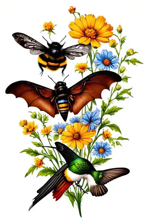  bumblebee,  moth,  butterfly, brown bat, click beetle, & hummingbird over wildflowers  tattoo design idea