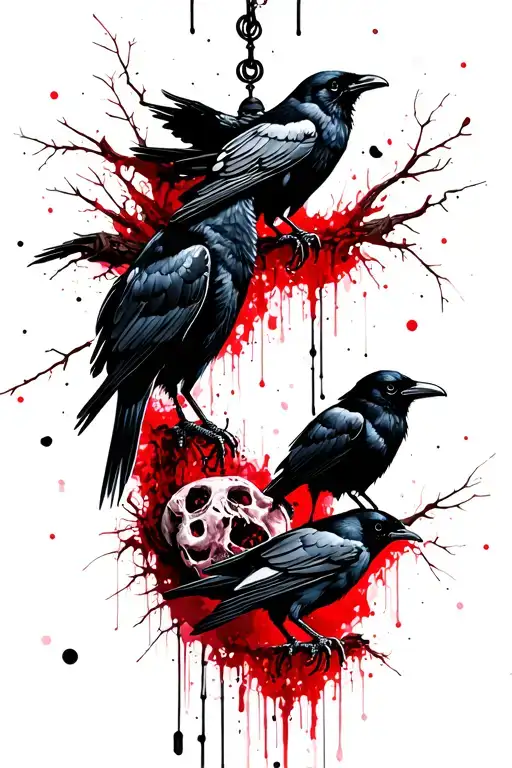 crows picking at a hanging corpses in a forest setting tattoo design idea