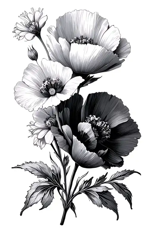 soft fine line vintage frame with poppy flowers inside and sweet alysium flowers outside  tattoo design idea