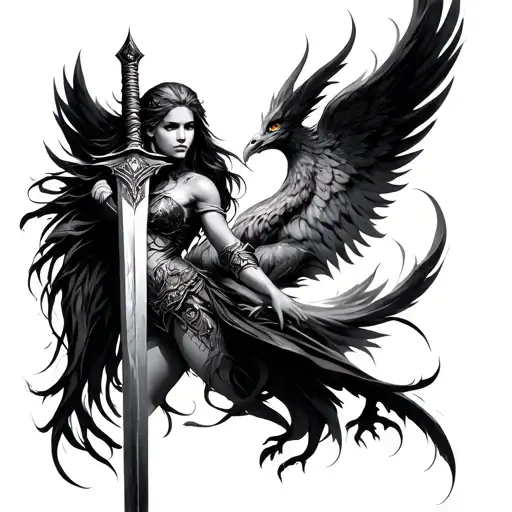 Valkyrie with sword on left side blending into Phoenix on right side  tattoo design idea
