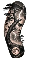viking rume and moon and tree and lightning bolt tattoo design idea