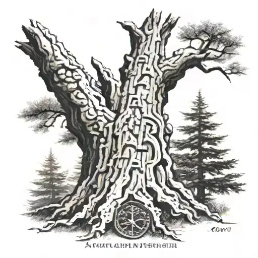 Tree Bark with Appalachian Trail logo carved stone work font tattoo design idea