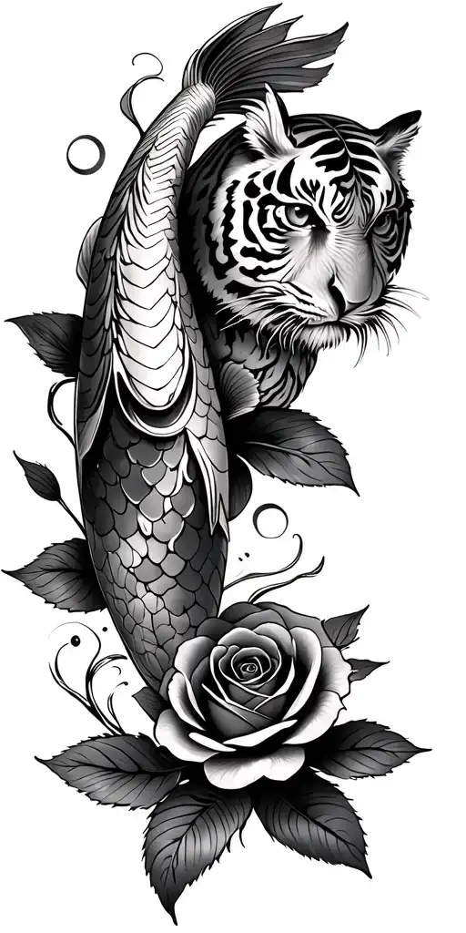 koi with rose together with tiger and owl tattoo design idea