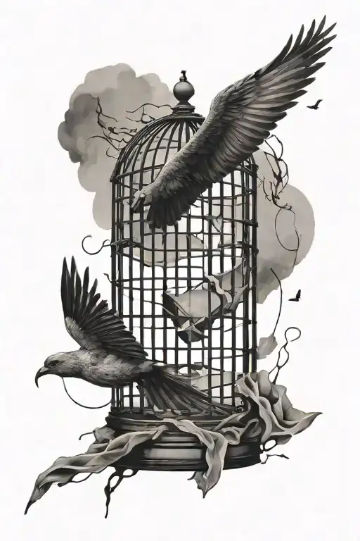 a broken cage and a flying bird tattoo design idea