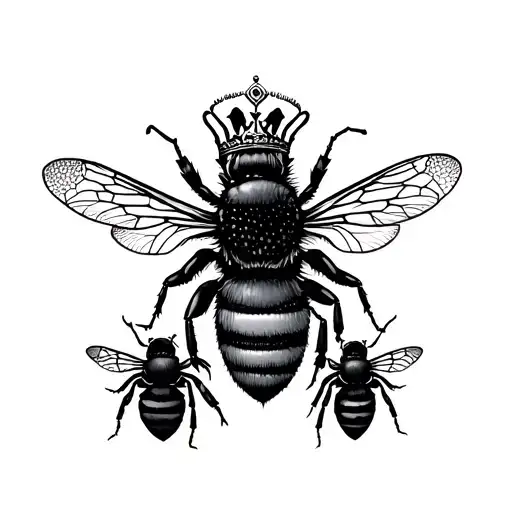 Minimalist tattoo design of a honeycomb structure with a crowned queen bee and two smaller bees nearby, fine line blackw tattoo design idea