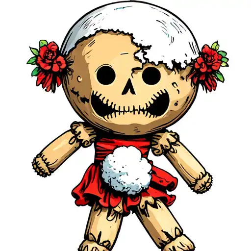 a voodoo doll with half its head missing and cotton wool (or other stuffing) protruding from its body tattoo design idea