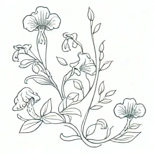 flowy vine with bluebells and mushrooms tattoo design idea