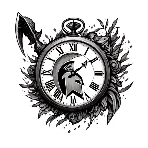 Spartan and clock with phrase that says `(of everything we spend, the most expensive is the time tattoo design idea