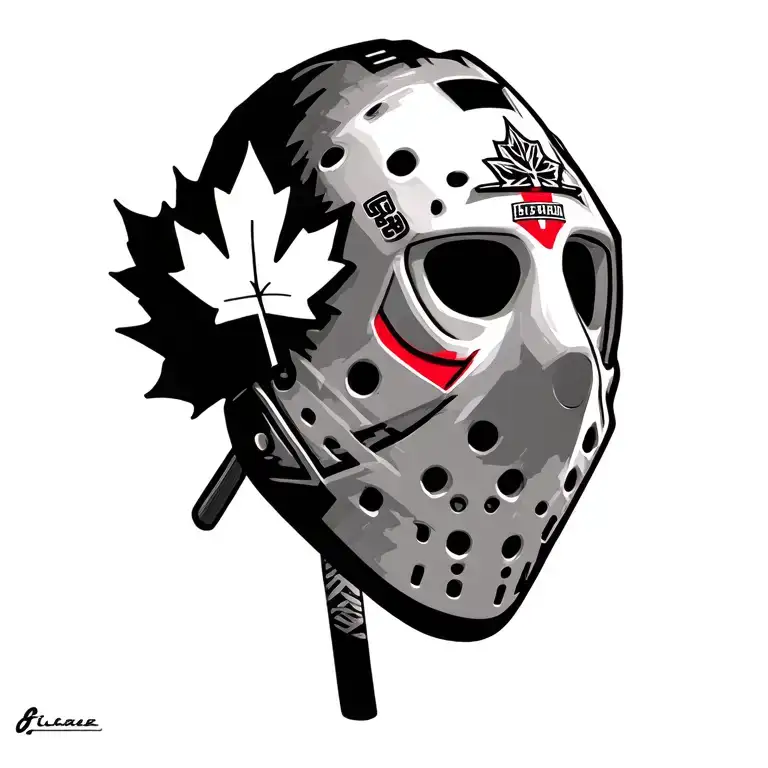 old school goalie mask with maple leaf and hockey stick tattoo design idea