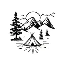 Line Work. Pine Tree, Mountains, Tent. Tattoo design tattoo design idea