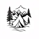 Line Work. Pine Tree, Mountains, Tent. Tattoo design tattoo design idea