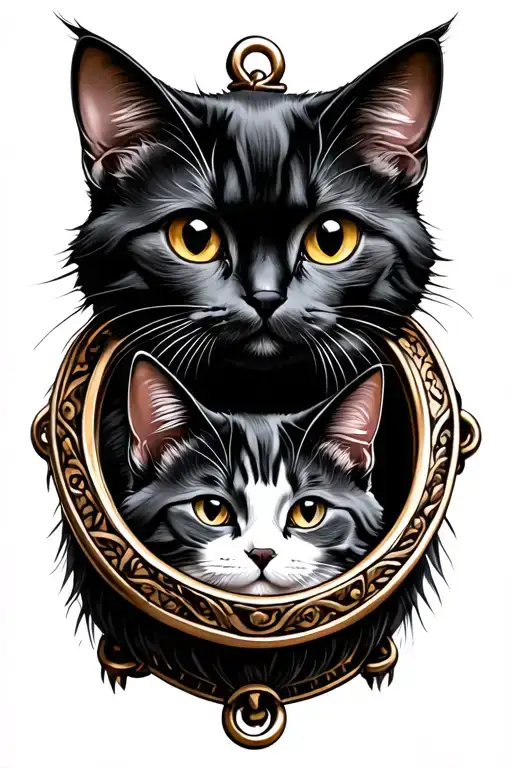 cartoon black cat and tortoise hair cat in locket simple tattoo design idea