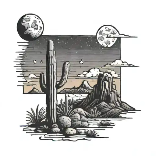 saguaro cactus in the mountains with a moon and three stars in the sky tattoo design idea