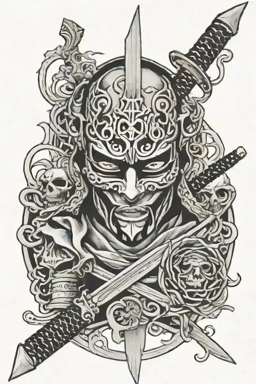 omerta tattoo with 3 oni mask katana stabbed tattoo design idea