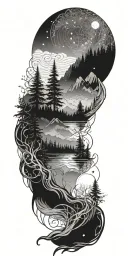 flowing waves, surrounded by a mystical forest scene,subtle elements of sacred geometry and glowing stars and light tattoo design idea