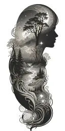 flowing waves, surrounded by a mystical forest scene,subtle elements of sacred geometry and glowing stars and light tattoo design idea