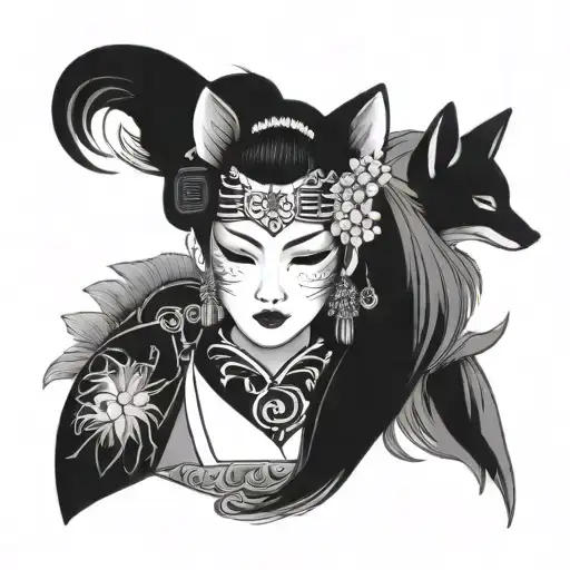 Geisha looking with a fox mask on tattoo design idea