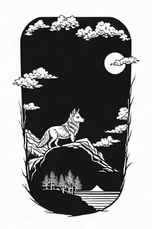 wolf cub, river, moon, adult wolf transition tattoo design idea