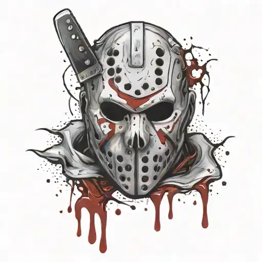 jason mask with blood dripping, a knife intertwined  tattoo design idea
