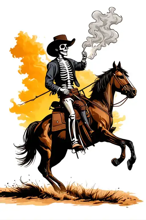smoking skeleton cowboy riding a horse on the sunset tattoo design idea