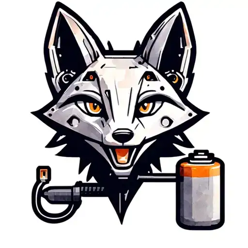 Mechanical fox head logo. Fox head is plugged into a battery. Low detail, simple design. tattoo design idea