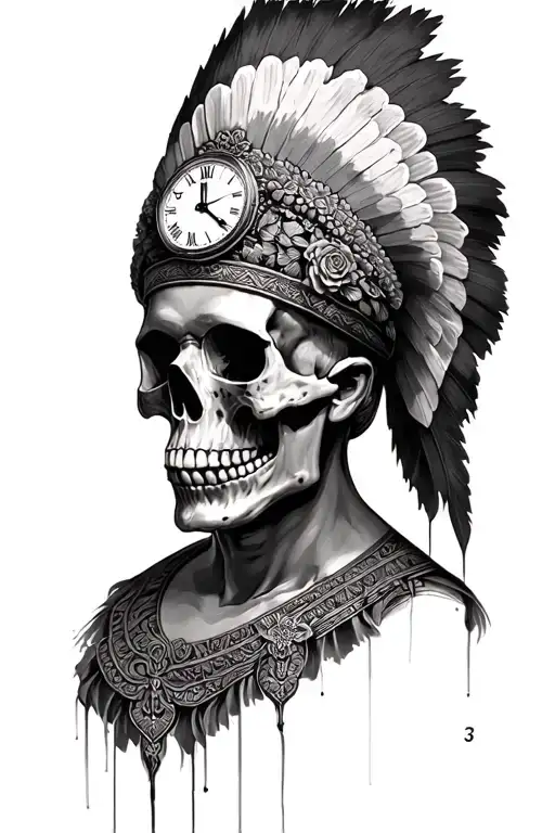 skull with headdress and time 2:52 incorporated within tattoo design idea