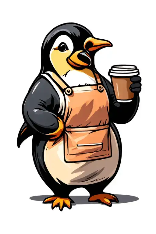 female penguin holding a coffee cup wearing an apron  tattoo design idea
