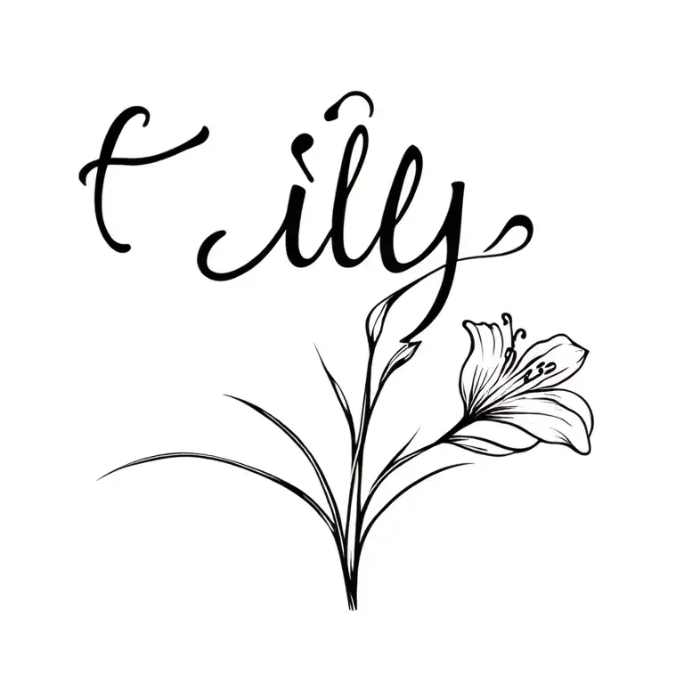 says the word lily in fancy font and has a lily flower  tattoo design idea
