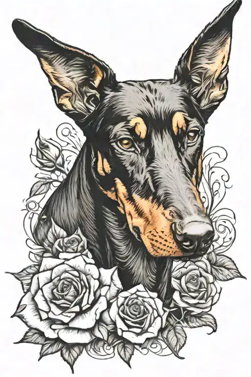 A black and white doberman with a rose or hand holding its head. unique tattoo design idea