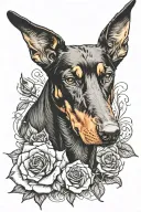 A black and white doberman with a rose or hand holding its head. unique tattoo design idea