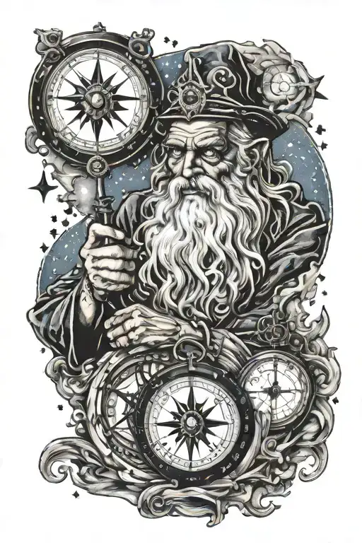 Father Time holding hour glass and nautical compass, crying eye tattoo under his eye, background  starry night   tattoo design idea