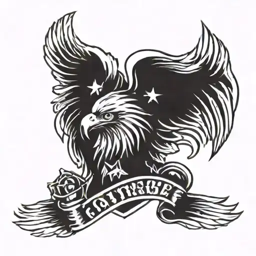 An eagle, a lion, a heart, fire, a banner saying courage, love, trust, laughter. A police badge and the phrase C Platoon tattoo design idea